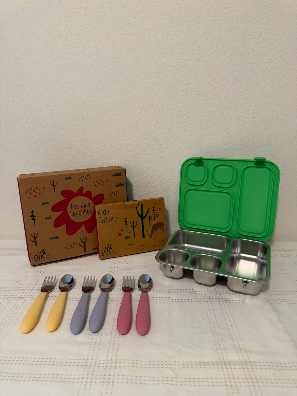 Elk and Friends Lot Stainless Steel Bento Lunch Box and 6 piece Cutlery